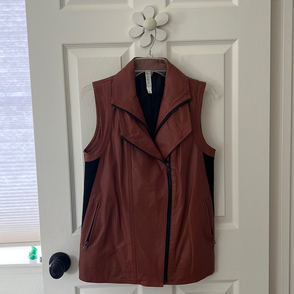 Mural Brown Leather Wool Back Vest in Size Small